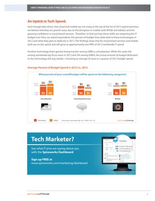 2012 2013            2012 2013                     2012 2013             2012 2013       2012 2013            2012 2013
               Virtualization                                 Cloud-Based Services                         Mobile

   SMB IT SPENDING: HOW IT PROS ARE ALLOCATING AND MANAGING BUDGETS IN 2013
          Worldwide     EMEA



              What percent of your overall budget will be spent on the following categories?

An Uptick in Tech Spend.
     THIS
     YEAR     23%                                           THIS
                                                            YEAR     12% 14%                     THIS
                                                                                                 YEAR      15% 16%
Even though
        NEXT
        YEAR
              data shows that cloud and
                   24% 25%                             mobile
                                                are not rising to the top of
                                                         NEXT
                                                     16% 18%
                                                         YEAR                          18% 19% the list
                                                                                   of 2013 spend priorities,
                                                                                                 NEXT
                                                                                                 YEAR
we believe that they are growth areas due to the disruption in mobile (with BYOD and tablets) and the
growing confidence in cloud-based services. Cloud-Based Services out how these shiftsMobile
            Virtualization
                                             Therefore, to find                       are impacting the IT
budget over time, we asked respondents the percent of budget they dedicated to these technologies in
         Worldwide         EMEA
2012 and what they plan to dedicate in 2013. The findings show that for cloud-based services and mobile,
both are on the uptick and will grow to approximately one-fifth of 2013 worldwide IT spend.
          What percent of your overall budget will be spent on the following categories?

Another technology that’s gained strong traction among SMBs is virtualization. While this ranks 4th
    THIS YEAR   23%                23%          12%           14%           15%              16%
among worldwide top focus areas in 2013 and 5th among EMEA, the actual amount of budget dedicated
    NEXT YEAR  24%                  25%       16%                 18%     18%                   19%
to this technology will stay steady—receiving an average of close to a quarter of 2013 budget spend.
                          Virtualization                           Cloud-Based Services                    Mobile


Average Worldwide of Budget Spend in 2012 vs. 2013
        Percent        EMEA



              What percent of your overall budget will be spent on the following categories?


                  24%    25%                                                                                        19%
      NEXT
                                                                     18%                        NEXT        18%
      YEAR                                                NEXT                 16%              YEAR
                                                          YEAR

       THIS
      YEAR        23%    23%                               THIS
                                                          YEAR       14%       12%               THIS
                                                                                                YEAR       15%      16%
               Virtualization                                Cloud-Based Services                          Mobile




          Worldwide             EMEA       Respondents: Worldwide (686-742) - EMEA (140-153)




   Tech Marketer?
   See what IT pros are saying about you
   with the Spiceworks Dashboard

   Sign up FREE at
   www.spiceworks.com/marketing/dashboard




                                                                                                                                3
 