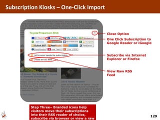 Step Three– Branded icons help visitors move their subscriptions into their RSS reader of choice, subscribe via browser or view a raw feed. One Click Subscription to Google Reader or iGoogle Subscribe via Internet Explorer or Firefox View Raw RSS Feed Close Option Subscription Kiosks – One-Click Import 