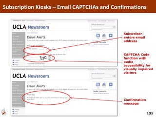CAPTCHA Code function with audio accessibility for visually impaired visitors Subscriber enters email address Confirmation message Subscription Kiosks – Email CAPTCHAs and Confirmations 