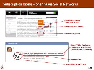 Clickable Share Text and Icon Forward via  Email Format to Print Page Title, Website, Category, Publisher (Specific to General) Facebook CAPTCHA Permalink Subscription Kiosks – Sharing via Social Networks 