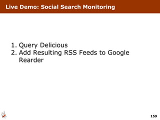 Live Demo: Social Search Monitoring Query Delicious Add Resulting RSS Feeds to Google Rearder 