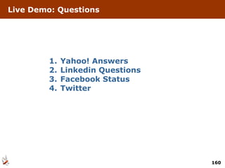 Live Demo: Questions Yahoo! Answers Linkedin Questions Facebook Status Twitter 