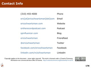 Contact Info (310) 455-4000 Phone eric[at]ericschwartzman[dot]com Email ericschwartzman.com Website ontherecordpodcast.com Podcast spinfluencer.com Blog ericschwartzman Friendfeed @ericschwartzman Twitter facebook.com/ericschwartzman Facebook linkedin.com/in/schwartzman  Linkedin Copyright applies to this document – some rights reserved.  This work is licensed under a Creative Commons.  Attribution-non commercial-share alike 3.0 license.  http://creativecommons.org/licenses/by-nc-sa/3.0   