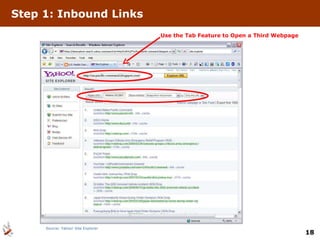 Step 1: Inbound Links Source: Yahoo! Site Explorer Use the Tab Feature to Open a Third Webpage 