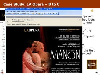 Challenge:  Help the LA Opera build stronger relationships with its existing subscribers and attract new, younger subscribers by giving audiences a rare, behind the scene look into one the world’s leading opera companies. Strategy:  Told through the perspective of the director of the company’s latest production, profile the relationships between the incomparable creative talents collaborating and the production process.  Results:   LA Opera is the world’s first opera company to experiment with podcasting.  Placido Domingo, Anna Netrebko and Rolando Villazon will all be featured in the first episodes.  Featured in NY Times, LA Times and Hollywood Reporter. Case Study: LA Opera – B to C 
