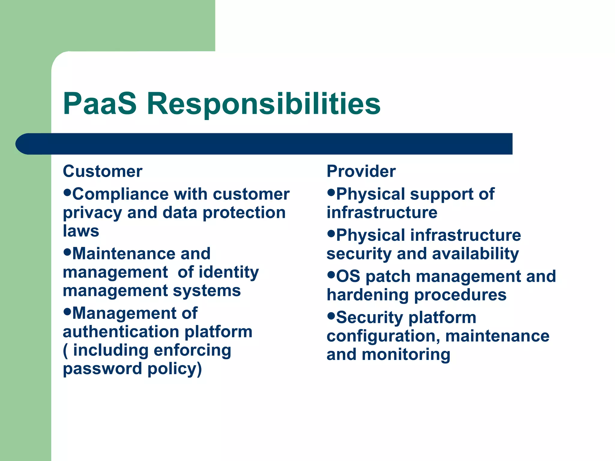 PaaS Responsibilities Customer Compliance with customer privacy and data protection laws Maintenance and management  of identity management systems Management of authentication platform ( including enforcing password policy) Provider Physical support of infrastructure Physical infrastructure security and availability OS patch management and hardening procedures Security platform configuration, maintenance and monitoring  