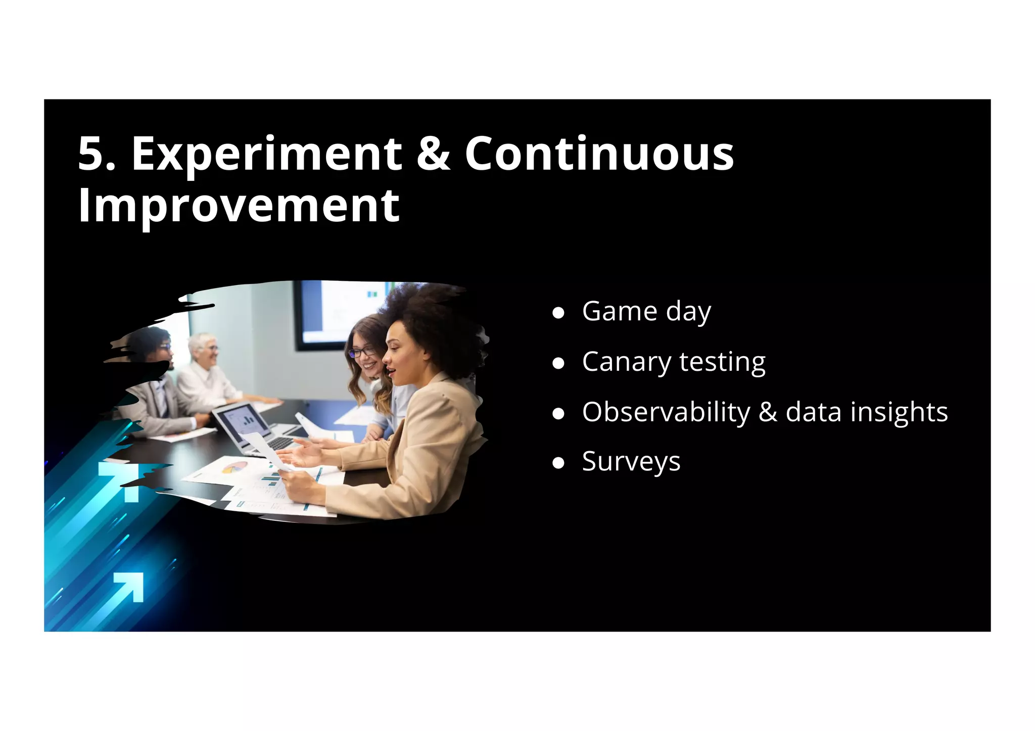 ● Game day
● Canary testing
● Observability & data insights
● Surveys
5. Experiment & Continuous
Improvement
 