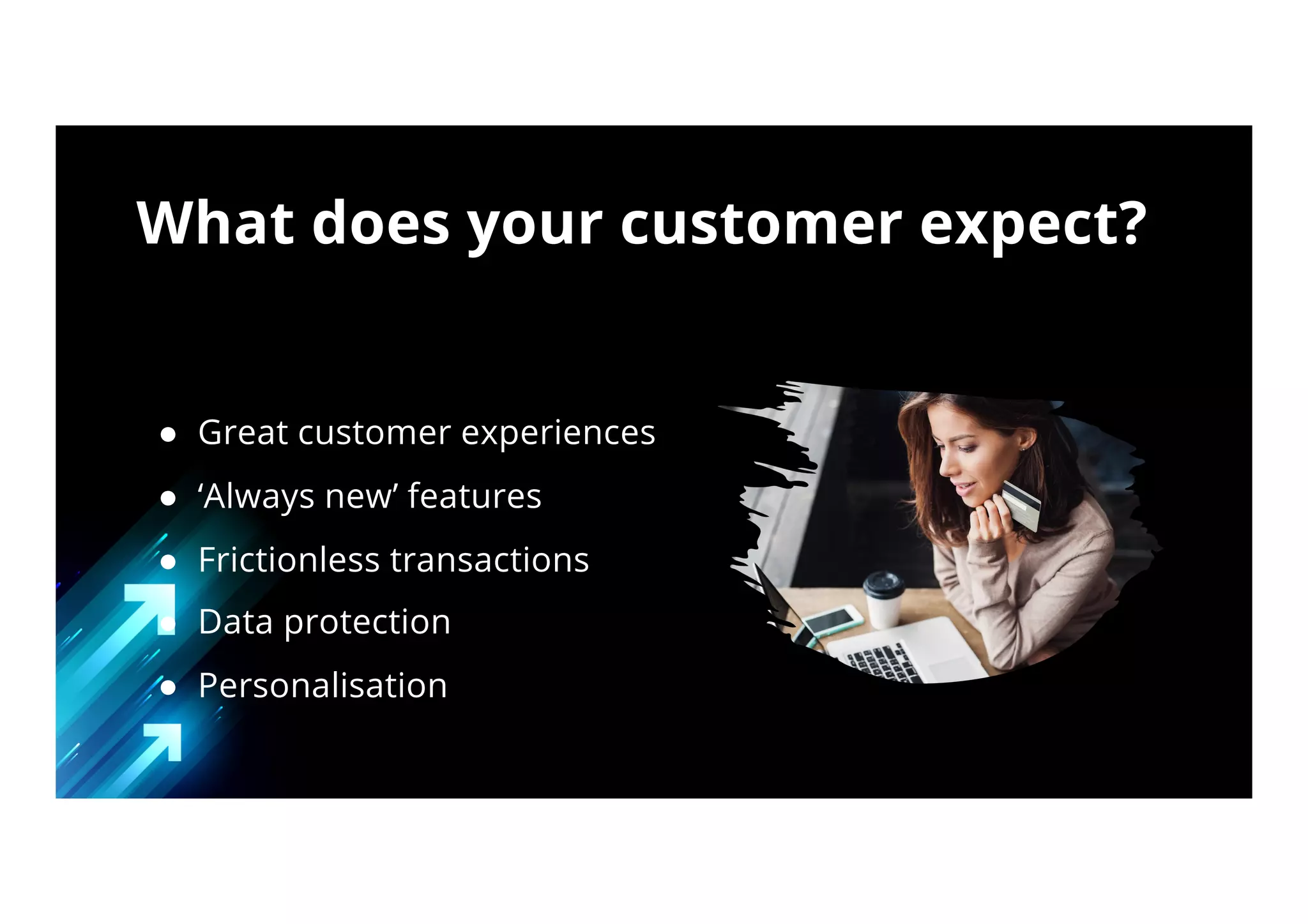 What does your customer expect?
● Great customer experiences
● ‘Always new’ features
● Frictionless transactions
● Data protection
● Personalisation
 