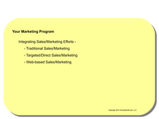Your Marketing Program

   Integrating Sales/Marketing Efforts -
      - Traditional Sales/Marketing
      - Targeted/Direct Sales/Marketing
      - Web-based Sales/Marketing




                                           Copyright 2010 YouGottaCall.com, LLC
 