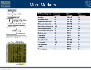 More Markers
Phylogenetic group Genome
Number
Gene
Number
Maker
Candidates
Archaea 62 145415 106
Actinobacteria 63 267783 136
Alphaproteobacteria 94 347287 121
Betaproteobacteria 56 266362 311
Gammaproteobacteria 126 483632 118
Deltaproteobacteria 25 102115 206
Epislonproteobacteria 18 33416 455
Bacteriodes 25 71531 286
Chlamydae 13 13823 560
Chloroflexi 10 33577 323
Cyanobacteria 36 124080 590
Firmicutes 106 312309 87
Spirochaetes 18 38832 176
Thermi 5 14160 974
Thermotogae 9 17037 684
Monday, April 29, 13
 