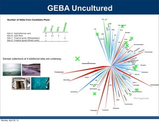 110
Number of SAGs from Candidate Phyla
OD1
OP11
OP3
SAR406
Site A: Hydrothermal vent 4 1 - -
Site B: Gold Mine 6 13 2 -
Site C: Tropical gyres (Mesopelagic) - - - 2
Site D: Tropical gyres (Photic zone) 1 - - -
Sample collections at 4 additional sites are underway.
Phil Hugenholtz
GEBA Uncultured
Monday, April 29, 13
 