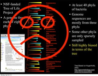 Acidobacteria
Bacteroides
Fibrobacteres
Gemmimonas
Verrucomicrobia
Planctomycetes
Chloroﬂexi
Proteobacteria
Chlorobi
Firmicutes
Fusobacteria
Actinobacteria
Cyanobacteria
Chlamydia
Spriochaetes
Deinococcus-Thermus
Aquiﬁcae
Thermotogae
TM6
OS-K
Termite Group
OP8
Marine GroupA
WS3
OP9
NKB19
OP3
OP10
TM7
OP1
OP11
Nitrospira
Synergistes
Deferribacteres
Thermudesulfobacteria
Chrysiogenetes
Thermomicrobia
Dictyoglomus
Coprothmermobacter
• At least 40 phyla
of bacteria
• Genome
sequences are
mostly from three
phyla
• Some other phyla
are only sparsely
sampled
• Still highly biased
in terms of the
tree
• NSF-funded
Tree of Life
Project
• A genome from
each of eight
phyla
Eisen & Ward, PIs Tree Based on Hugenholtz,
2002.
http://genomebiology.com/
2002/3/2/reviews/0003
Monday, April 29, 13
 