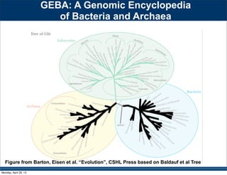 GEBA: A Genomic Encyclopedia
of Bacteria and Archaea
Figure from Barton, Eisen et al. “Evolution”, CSHL Press based on Baldauf et al Tree
Monday, April 29, 13
 