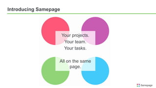 Introducing Samepage
Your projects.
Your team.
Your tasks.
All on the same
page.
 