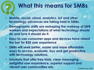 What this means for SMBs
• Mobile, social, cloud, analytics, IoT and other
technology advances are taking hold in SMBs.
• Demographic shifts are reshaping the makeup of SMB
workers and expectations of what technology should
do and how it should do it.
• Easy-to-use consumer apps and devices have raised
the bar for B2B user experience
• SMBs will seek better, easier and more affordable
ways to access, evaluate, buy and get productive
with technology solutions.
• Solutions that offer free trials, clear messaging,
delightful user experience, superior support and
vibrant user communities win. © SMB Group, 2015
 
