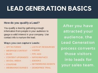 LEAD GENERATION BASICS
After you have
attracted your
audience, the
Lead Generation
process converts
those visitors
into leads for
your sales team.
You qualify a lead by gathering enough
information from people in your audience to
gauge a valid interest in your company. Use
contact info to nurture the lead.
How do you qualify a Lead?
OPT IN FORMS
WEBPAGE CONTENT
BLOG
CONTENT UPGRADES
SOCIAL MEDIA
COUPONS
WEBINARS/COURSES
Ways you can capture Leads:
LISTS OF RESOURCES
VIDEOS
PPC ADS
INFOGRAPHICS
EBOOKS
NETWORKING EVENTS
DEMO/FREE TRIAL
 