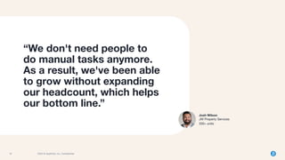 13 2023 © AppFolio, Inc. Conﬁdential
Josh Wilson
JW Property Services
330+ units
“We don't need people to
do manual tasks anymore.
As a result, we've been able
to grow without expanding
our headcount, which helps
our bottom line.”
13
 