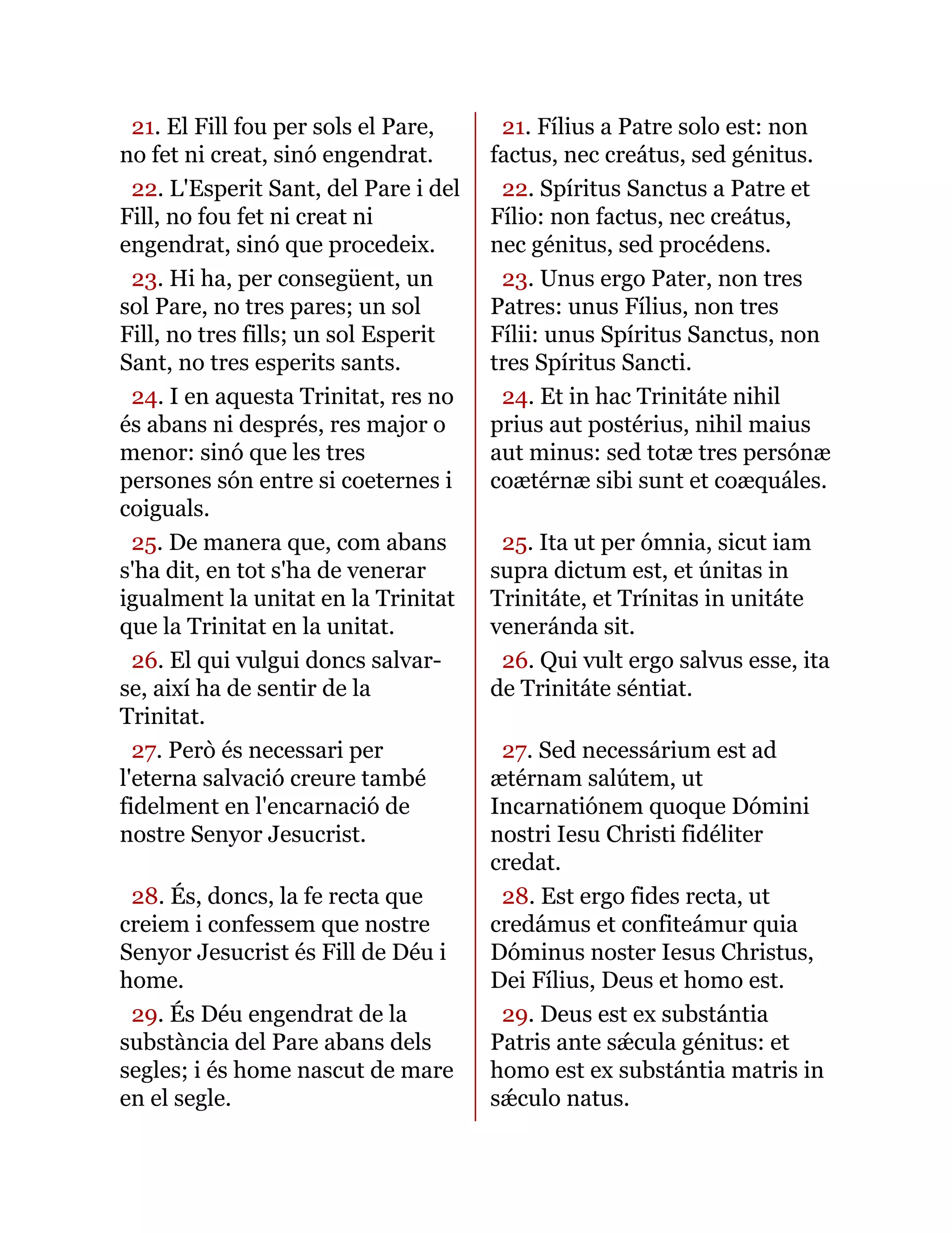 21. El Fill fou per sols el Pare,
no fet ni creat, sinó engendrat.
21. Fílius a Patre solo est: non
factus, nec creátus, sed génitus.
22. L'Esperit Sant, del Pare i del
Fill, no fou fet ni creat ni
engendrat, sinó que procedeix.
22. Spíritus Sanctus a Patre et
Fílio: non factus, nec creátus,
nec génitus, sed procédens.
23. Hi ha, per consegüent, un
sol Pare, no tres pares; un sol
Fill, no tres fills; un sol Esperit
Sant, no tres esperits sants.
23. Unus ergo Pater, non tres
Patres: unus Fílius, non tres
Fílii: unus Spíritus Sanctus, non
tres Spíritus Sancti.
24. I en aquesta Trinitat, res no
és abans ni després, res major o
menor: sinó que les tres
persones són entre si coeternes i
coiguals.
24. Et in hac Trinitáte nihil
prius aut postérius, nihil maius
aut minus: sed totæ tres persónæ
coætérnæ sibi sunt et coæquáles.
25. De manera que, com abans
s'ha dit, en tot s'ha de venerar
igualment la unitat en la Trinitat
que la Trinitat en la unitat.
25. Ita ut per ómnia, sicut iam
supra dictum est, et únitas in
Trinitáte, et Trínitas in unitáte
veneránda sit.
26. El qui vulgui doncs salvar-
se, així ha de sentir de la
Trinitat.
26. Qui vult ergo salvus esse, ita
de Trinitáte séntiat.
27. Però és necessari per
l'eterna salvació creure també
fidelment en l'encarnació de
nostre Senyor Jesucrist.
27. Sed necessárium est ad
ætérnam salútem, ut
Incarnatiónem quoque Dómini
nostri Iesu Christi fidéliter
credat.
28. És, doncs, la fe recta que
creiem i confessem que nostre
Senyor Jesucrist és Fill de Déu i
home.
28. Est ergo fides recta, ut
credámus et confiteámur quia
Dóminus noster Iesus Christus,
Dei Fílius, Deus et homo est.
29. És Déu engendrat de la
substància del Pare abans dels
segles; i és home nascut de mare
en el segle.
29. Deus est ex substántia
Patris ante sǽcula génitus: et
homo est ex substántia matris in
sǽculo natus.
 