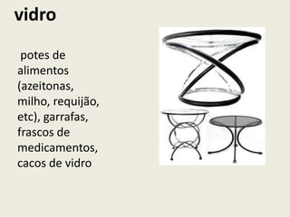 vidro
 potes de
alimentos
(azeitonas,
milho, requijão,
etc), garrafas,
frascos de
medicamentos,
cacos de vidro
 