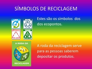 SÍMBOLOS DE RECICLAGEM
Estes são os símbolos dos
dos ecopontos.
A roda da reciclagem serve
para as pessoas saberem
depositar os produtos.
 