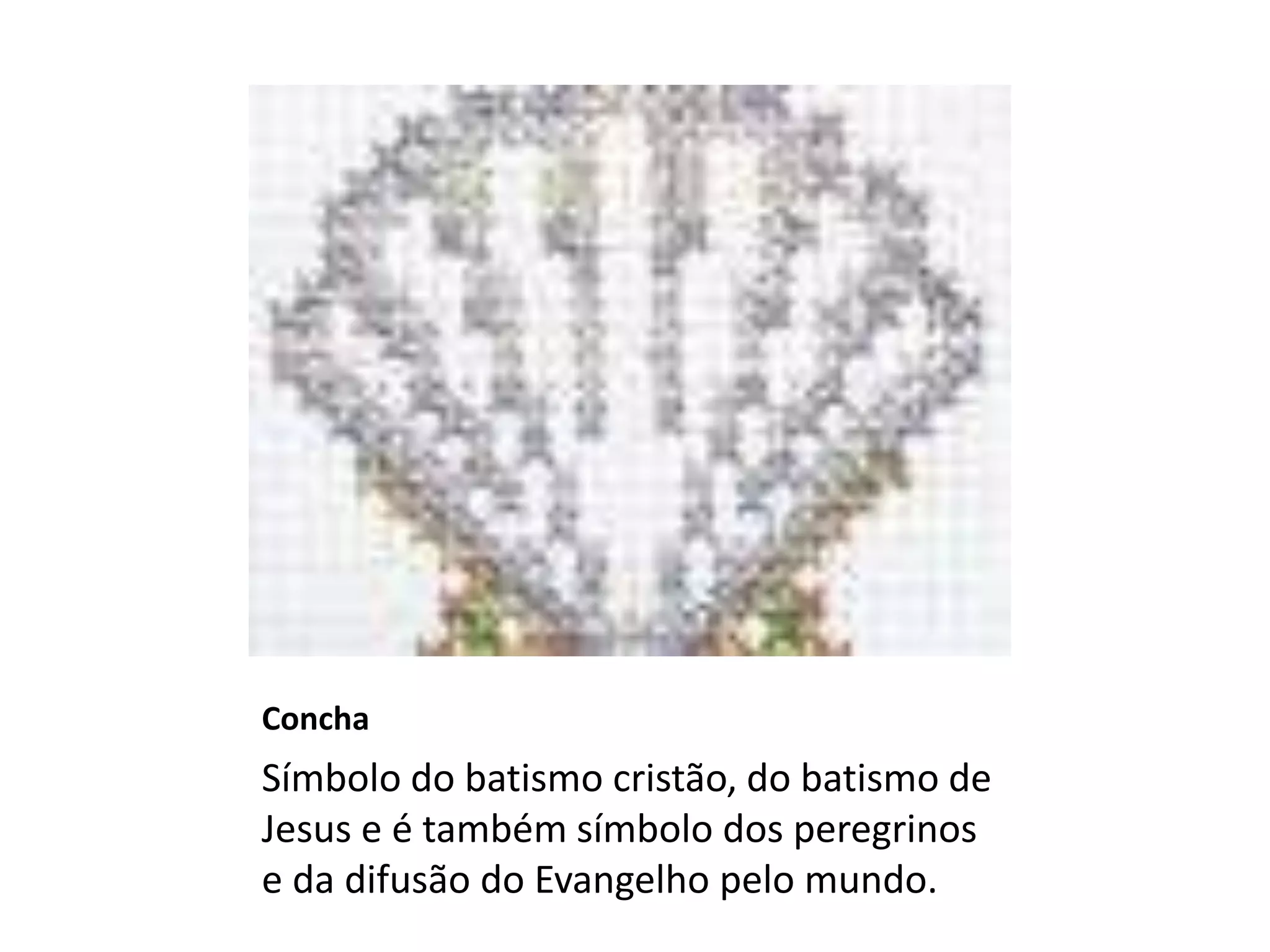 Concha
Símbolo do batismo cristão, do batismo de
Jesus e é também símbolo dos peregrinos
e da difusão do Evangelho pelo mundo.
 