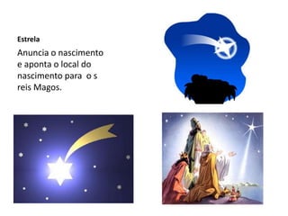 Estrela
Anuncia o nascimento
e aponta o local do
nascimento para o s
reis Magos.
 