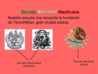 EscudoEscudo NacionalNacional MexicanoMexicano
Escudos Nacionales
anteriores
Escudo Nacional
actual
Nuestro escudo nos recuerda la fundación
de Tenochtitlan, gran ciudad azteca.
 