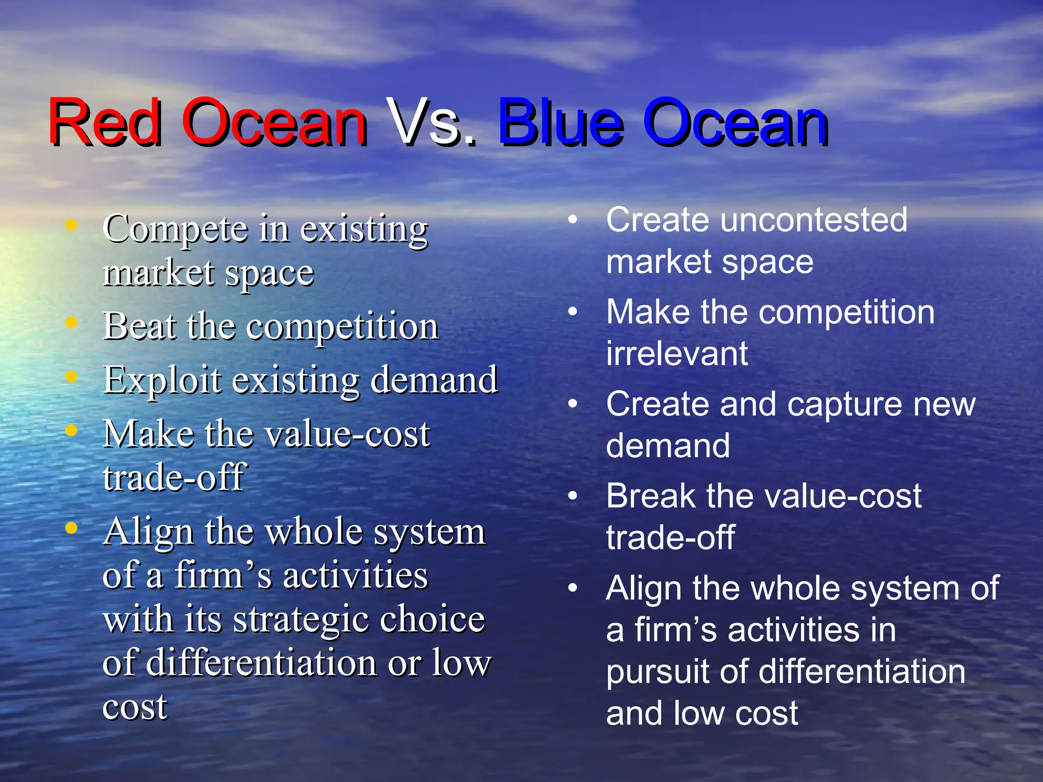 RedRed OceanOcean Vs.Vs. BlueBlue OceanOcean
• Compete in existingCompete in existing
market spacemarket space
• Beat the competitionBeat the competition
• Exploit existing demandExploit existing demand
• Make the value-costMake the value-cost
trade-offtrade-off
• Align the whole systemAlign the whole system
of a firm’s activitiesof a firm’s activities
with its strategic choicewith its strategic choice
of differentiation or lowof differentiation or low
costcost
• Create uncontested
market space
• Make the competition
irrelevant
• Create and capture new
demand
• Break the value-cost
trade-off
• Align the whole system of
a firm’s activities in
pursuit of differentiation
and low cost
 