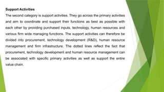 Support Activities
The second category is support activities. They go across the primary activities
and aim to coordinate and support their functions as best as possible with
each other by providing purchased inputs, technology, human resources and
various firm wide managing functions. The support activities can therefore be
divided into procurement, technology development (R&D), human resource
management and firm infrastructure. The dotted lines reflect the fact that
procurement, technology development and human resource management can
be associated with specific primary activities as well as support the entire
value chain.
 