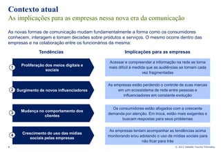 Contexto atual
As implicações para as empresas nessa nova era da comunicação
As novas formas de comunicação mudam fundamentalmente a forma como os consumidores
conhecem, interagem e tomam decisões sobre produtos e serviços. O mesmo ocorre dentro das
empresas e na colaboração entre os funcionários da mesma:

                 Tendências                           Implicações para as empresas

                                              Acessar e compreender a informação na rede se torna
        Proliferação dos meios digitais e
    1                                         mais difícil à medida que as audiências se tornam cada
                     sociais
                                                                  vez fragmentadas


                                             As empresas estão perdendo o controle de suas marcas
    2 Surgimento de novos influenciadores         em um ecossistema de rede entre pessoas e
                                                    influenciadores em constante evolução


                                               Os consumidores estão afogados com a crescente
    3   Mudança no comportamento dos
                                             demanda por atenção. Em troca, estão mais exigentes e
                   clientes
                                                    buscam respostas para seus problemas

                                             As empresas tentam acompanhar as tendências acima
    4    Crescimento do uso das mídias
                                             monitorando e/ou adotando o uso de mídias sociais para
            sociais pelas empresas
                                                               não ficar para trás
8                                                                                 © 2011 Deloitte Touche Tohmatsu
 