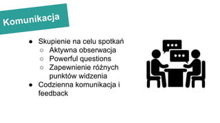Komunikacja
● Skupienie na celu spotkań
○ Aktywna obserwacja
○ Powerful questions
○ Zapewnienie różnych
punktów widzenia
● Codzienna komunikacja i
feedback
 