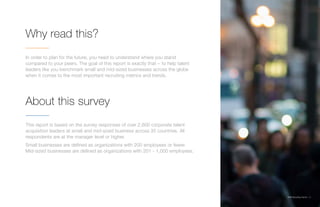 SMB Recruiting Trends | 3
In order to plan for the future, you need to understand where you stand
compared to your peers. The goal of this report is exactly that -- to help talent
leaders like you benchmark small and mid-sized businesses across the globe
when it comes to the most important recruiting metrics and trends.
This report is based on the survey responses of over 2,600 corporate talent
acquisition leaders at small and mid-sized business across 35 countries. All
respondents are at the manager level or higher.
Small businesses are defined as organizations with 200 employees or fewer.
Mid-sized businesses are defined as organizations with 201 - 1,000 employees.
Why read this?
About this survey
 