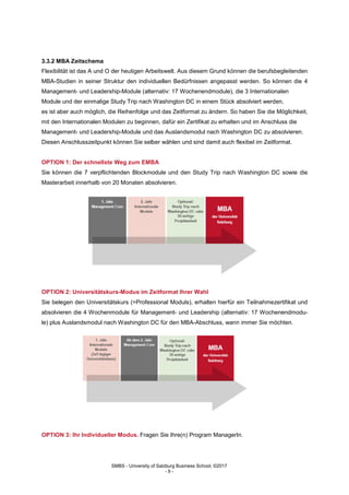 SMBS - University of Salzburg Business School; ©2017
- 9 -
3.3.2 MBA Zeitschema
Flexibilität ist das A und O der heutigen Arbeitswelt. Aus diesem Grund können die berufsbegleitenden
MBA-Studien in seiner Struktur den individuellen Bedürfnissen angepasst werden. So können die 4
Management- und Leadership-Module (alternativ: 17 Wochenendmodule), die 3 Internationalen
Module und der einmalige Study Trip nach Washington DC in einem Stück absolviert werden,
es ist aber auch möglich, die Reihenfolge und das Zeitformat zu ändern. So haben Sie die Möglichkeit,
mit den Internationalen Modulen zu beginnen, dafür ein Zertifikat zu erhalten und im Anschluss die
Management- und Leadership-Module und das Auslandsmodul nach Washington DC zu absolvieren.
Diesen Anschlusszeitpunkt können Sie selber wählen und sind damit auch flexibel im Zeitformat.
OPTION 1: Der schnellste Weg zum EMBA
Sie können die 7 verpflichtenden Blockmodule und den Study Trip nach Washington DC sowie die
Masterarbeit innerhalb von 20 Monaten absolvieren.
OPTION 2: Universitätskurs-Modus im Zeitformat Ihrer Wahl
Sie belegen den Universitätskurs (=Professional Moduls), erhalten hierfür ein Teilnahmezertifikat und
absolvieren die 4 Wochenmodule für Management- und Leadership (alternativ: 17 Wochenendmodu-
le) plus Auslandsmodul nach Washington DC für den MBA-Abschluss, wann immer Sie möchten.
OPTION 3: Ihr Individueller Modus. Fragen Sie Ihre(n) Program ManagerIn.
 