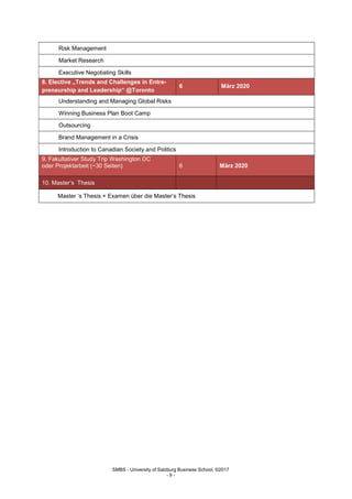 SMBS - University of Salzburg Business School; ©2017
- 9 -
Risk Management
Market Research
Executive Negotiating Skills
8. Elective „Trends and Challenges in Entre-
preneurship and Leadership“ @Toronto
6 März 2020
Understanding and Managing Global Risks
Winning Business Plan Boot Camp
Outsourcing
Brand Management in a Crisis
Introduction to Canadian Society and Politics
9. Fakultativer Study Trip Washington DC
oder Projektarbeit (~30 Seiten) 6 März 2020
10. Master’s Thesis
Master ‘s Thesis + Examen über die Master’s Thesis
 