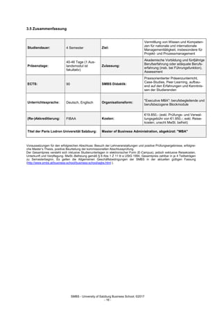 SMBS - University of Salzburg Business School; ©2017
- 16 -
3.5 Zusammenfassung
Studiendauer: 4 Semester Ziel:
Vermittlung von Wissen und Kompeten-
zen für nationale und internationale
Managementtätigkeit, insbesondere für
Projekt- und Prozessmanagement
Präsenztage:
40-46 Tage (1 Aus-
landsmodul ist
fakultativ)
Zulassung:
Akademische Vorbildung und fünfjährige
Berufserfahrung oder adäquate Berufs-
erfahrung (insb. bei Führungsfunktion),
Assessment
ECTS: 90 SMBS Didaktik:
Praxisorientierter Präsenzunterricht,
Case-Studies, Peer Learning, aufbau-
end auf den Erfahrungen und Kenntnis-
sen der Studierenden
Unterrichtssprache: Deutsch, Englisch Organisationsform:
"Executive MBA": berufsbegleitende und
berufsbezogene Blockmodule
(Re-)Akkreditierung: FIBAA Kosten:
€19.850,- (exkl. Prüfungs- und Verwal-
tungsgebühr von €1.950,-; exkl. Reise-
kosten; unecht MwSt. befreit)
Titel der Paris Lodron Universität Salzburg: Master of Business Administration, abgekürzt: "MBA"
Voraussetzungen für den erfolgreichen Abschluss: Besuch der Lehrveranstaltungen und positive Prüfungsergebnisse, erfolgrei-
che Master‘s Thesis, positive Beurteilung der kommissionellen Abschlussprüfung.
Der Gesamtpreis versteht sich inklusive Studienunterlagen in elektronischer Form (E-Campus), jedoch exklusive Reisekosten,
Unterkunft und Verpflegung. MwSt.-Befreiung gemäß § 6 Abs 1 Z 11 lit a UStG 1994, Gesamtpreis zahlbar in je 4 Teilbeträgen
zu Semesterbeginn. Es gelten die Allgemeinen Geschäftsbedingungen der SMBS in der aktuellen gültigen Fassung
(http://www.smbs.at/business-school/business-school/agbs.html ).
 