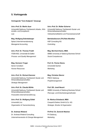 SMBS - University of Salzburg Business School; ©2017
- 23 -
5. Vortragende
Vortragende "Core Subjects" (Auszug)
Univ.-Prof. Dr. Martin Auer
Universität Salzburg, Fachbereich Arbeits-, Wirt-
schafts- und Europarecht
Law
Univ.-Prof. Dr. Walter Scherrer
Universität Salzburg, Fachbereich Sozial- und
Wirtschaftswissenschaften
Volkswirtschaftslehre und Finanzwissenschaft
Mag. Wolfgang Dobretzberger
Spitze Unternehmensberatung
Managerial Accounting
Betriebsökonom (FH) Reto Morellon
HSP Consulting AG
Controlling
Univ.-Prof. Dr. Thomas Friedli
ITEM-HSG, Universität St.Gallen
Process- and Quality Management
Mag. Bernhard Sams, MBA
SMBS University of Salzburg Business School
Social Competences
Mag. Hermann Troger
Senior Consltant
Human Resources
Prof. Dr. Florian Siems
Universität Aachen
Marketing
Univ.-Prof. Dr. Richard Hammer
Universität Salzburg, Fachbereich Sozial- und
Wirtschaftswissenschaften
Strategic Management
Mag. Christian Sterrer
PMCC Salzburg
Projektmanagement
Univ.-Prof. Dr. Claudia Wöhle
Universität Salzburg, Fachbereich Sozial- und
Wirtschaftswissenschaften
Finanzielle Unternehmensführung
Prof. DD. Josef Neuert
SMBS University of Salzburg Business School
Planungs- und Entscheidungsmethoden
Univ.-Prof. Dr. Wolfgang Güttel
Universität Linz
Organisation & Teamentwicklung
Dr. Markus Griesbeck, MBA
Crespel & Deiters GmbH & Co. KG
Strategie, Struktur & Organisation
Dr. Andreas Wieland
Dr. Andreas Wieland Consulting
Unternehmenskultur & Change Management
FH-Prof. Dr. Dominik Walcher
FH Salzburg
Marketing
 