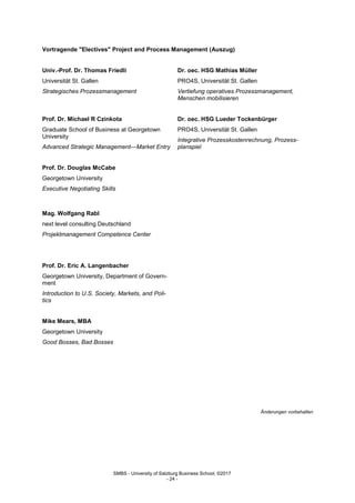 SMBS - University of Salzburg Business School; ©2017
- 24 -
Vortragende "Electives" Project and Process Management (Auszug)
Univ.-Prof. Dr. Thomas Friedli
Universität St. Gallen
Strategisches Prozessmanagement
Dr. oec. HSG Mathias Müller
PRO4S, Universität St. Gallen
Vertiefung operatives Prozessmanagement,
Menschen mobilisieren
Prof. Dr. Michael R Czinkota
Graduate School of Business at Georgetown
University
Advanced Strategic Management—Market Entry
Dr. oec. HSG Lueder Tockenbürger
PRO4S, Universität St. Gallen
Integrative Prozesskostenrechnung, Prozess-
planspiel
Prof. Dr. Douglas McCabe
Georgetown University
Executive Negotiating Skills
Mag. Wolfgang Rabl
next level consulting Deutschland
Projektmanagement Competence Center
Prof. Dr. Eric A. Langenbacher
Georgetown University, Department of Govern-
ment
Introduction to U.S. Society, Markets, and Poli-
tics
Mike Mears, MBA
Georgetown University
Good Bosses, Bad Bosses
Änderungen vorbehalten
 