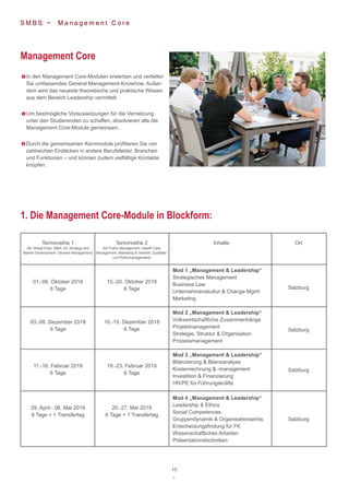 13
~
S M B S ~ M a n a g e m e n t C o r e
In den Management Core-Modulen erwerben und vertiefen
Sie umfassendes General Management-Knowhow. Außer-
dem wird das neueste theoretische und praktische Wissen
aus dem Bereich Leadership vermittelt.
Terminreihe 1
(für Global Exec. MBA, Int. Strategy and
Market Development, General Management)
01.-06. Oktober 2018
6 Tage
03.-08. Dezember 2018
6 Tage
11.-16. Februar 2019
6 Tage
29. April - 06. Mai 2019
6 Tage + 1 Transfertag
15.-20. Oktober 2018
6 Tage Salzburg
Salzburg
Salzburg
Salzburg
Mod 1 „Management & Leadership“
Strategisches Management
Business Law
Unternehmenskultur & Change Mgmt
Marketing
Mod 2 „Management & Leadership“
Volkswirtschaftliche Zusammenhänge
Projektmanagement
Strategie, Struktur & Organisation
Prozessmanagement
Mod 3 „Management & Leadership“
Bilanzierung & Bilanzanalyse
Kostenrechnung & -management
Investition & Finanzierung
HR/PE für Führungskräfte
Mod 4 „Management & Leadership“
Leadership & Ethics
Social Competences
Gruppendynamik & Organisationsentw.
Entscheidungsfindung für FK
Wissenschaftliches Arbeiten
Präsentationstechniken
10.-15. Dezember 2018
6 Tage
18.-23. Februar 2019
6 Tage
20.-27. Mai 2019
6 Tage + 1 Transfertag
Terminreihe 2
(für Public Management, Health Care
Management, Marketing & Vertrieb, Qualitäts-
und Risikomanagement)
Inhalte Ort
Um bestmögliche Voraussetzungen für die Vernetzung
unter den Studierenden zu schaffen, absolvieren alle die
Management Core-Module gemeinsam.
Durch die gemeinsamen Kernmodule profitieren Sie von
zahlreichen Einblicken in andere Berufsfelder, Branchen
und Funktionen – und können zudem vielfältige Kontakte
knüpfen.
Management Core
1. Die Management Core-Module in Blockform:
 