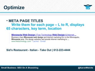 Optimize META PAGE TITLES Write them for each page – L to R, displays  65 characters, key term, location Sid’s Restaurant - Italian - Take Out | 612-223-4444 