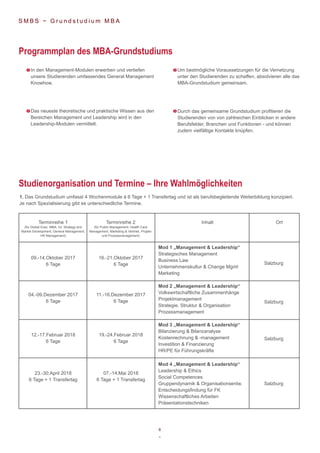 8
~
S M B S ~ G r u n d s t u d i u m M B A
In den Management-Modulen erwerben und vertiefen
unsere Studierenden umfassendes General Management
Knowhow.
Terminreihe 1
(für Global Exec. MBA, Int. Strategy and
Market Development, General Management,
HR Management)
09.-14.Oktober 2017
6 Tage
04.-09.Dezember 2017
6 Tage
12.-17.Februar 2018
6 Tage
23.-30.April 2018
6 Tage + 1 Transfertag
16.-21.Oktober 2017
6 Tage Salzburg
Salzburg
Salzburg
Salzburg
Mod 1 „Management & Leadership“
Strategisches Management
Business Law
Unternehmenskultur & Change Mgmt
Marketing
Mod 2 „Management & Leadership“
Volkswirtschaftliche Zusammenhänge
Projektmanagement
Strategie, Struktur & Organisation
Prozessmanagement
Mod 3 „Management & Leadership“
Bilanzierung & Bilanzanalyse
Kostenrechnung & -management
Investition & Finanzierung
HR/PE für Führungskräfte
Mod 4 „Management & Leadership“
Leadership & Ethics
Social Competences
Gruppendynamik & Organisationsentw.
Entscheidungsfindung für FK
Wissenschaftliches Arbeiten
Präsentationstechniken
11.-16.Dezember 2017
6 Tage
19.-24.Februar 2018
6 Tage
07.-14.Mai 2018
6 Tage + 1 Transfertag
Terminreihe 2
(für Public Management, Health Care
Management, Marketing & Vertrieb, Projekt-
und Prozessmanagement)
Inhalt Ort
1. Das Grundstudium umfasst 4 Wochenmodule à 6 Tage + 1 Transfertag und ist als berufsbegleitende Weiterbildung konzipiert.
Je nach Spezialisierung gibt es unterschiedliche Termine.
Das neueste theoretische und praktische Wissen aus den
Bereichen Management und Leadership wird in den
Leadership-Modulen vermittelt.
Um bestmögliche Voraussetzungen für die Vernetzung
unter den Studierenden zu schaffen, absolvieren alle das
MBA-Grundstudium gemeinsam.
Durch das gemeinsame Grundstudium profitieren die
Studierenden von von zahlreichen Einblicken in andere
Berufsfelder, Branchen und Funktionen - und können
zudem vielfältige Kontakte knüpfen.
Programmplan des MBA-Grundstudiums
Studienorganisation und Termine – Ihre Wahlmöglichkeiten
 