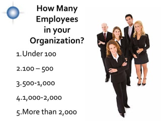 How Many
    Employees
      in your
   Organization?
1.Under 100
2.100 – 500
3.500-1,000
4.1,000-2,000
5.More than 2,000
 