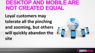 Loyal customers may
tolerate all the pinching
and zooming, but others
will quickly abandon the
site
DESKTOP AND MOBILE ARE
NOT CREATED EQUAL
 