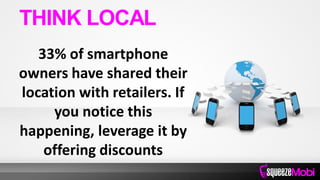 33% of smartphone
owners have shared their
location with retailers. If
you notice this
happening, leverage it by
offering discounts
THINK LOCAL
 