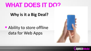 Why is it a Big Deal?
 Ability to store offline
data for Web Apps
WHAT DOES IT DO?
 