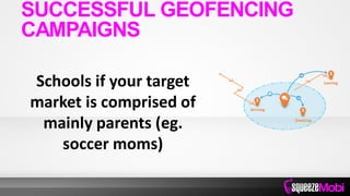 Schools if your target
market is comprised of
mainly parents (eg.
soccer moms)
SUCCESSFUL GEOFENCING
CAMPAIGNS
 