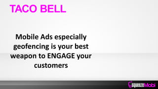 Mobile Ads especially
geofencing is your best
weapon to ENGAGE your
customers
TACO BELL
 