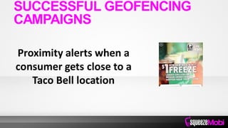 Proximity alerts when a
consumer gets close to a
Taco Bell location
SUCCESSFUL GEOFENCING
CAMPAIGNS
 