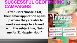 After users choose a GIF,
their email application opens
up where they are able to
send a message to a friend
with the subject line, “Join
me for $1 Happier Hour.”
SUCCESSFUL GEOFENCING
CAMPAIGNS
 