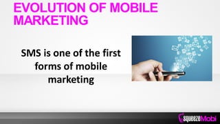 SMS is one of the first
forms of mobile
marketing
EVOLUTION OF MOBILE
MARKETING
 