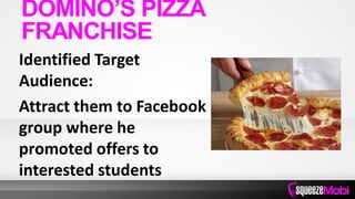 Identified Target
Audience:
Attract them to Facebook
group where he
promoted offers to
interested students
DOMINO’S PIZZA
FRANCHISE
 
